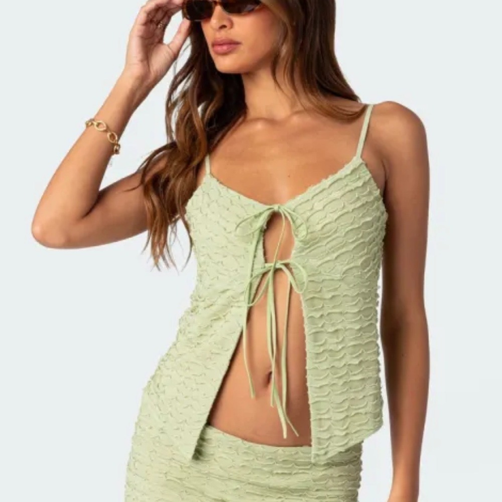 Edikted | Alessia Tie Front Ruffled Y2K Open Top in Green